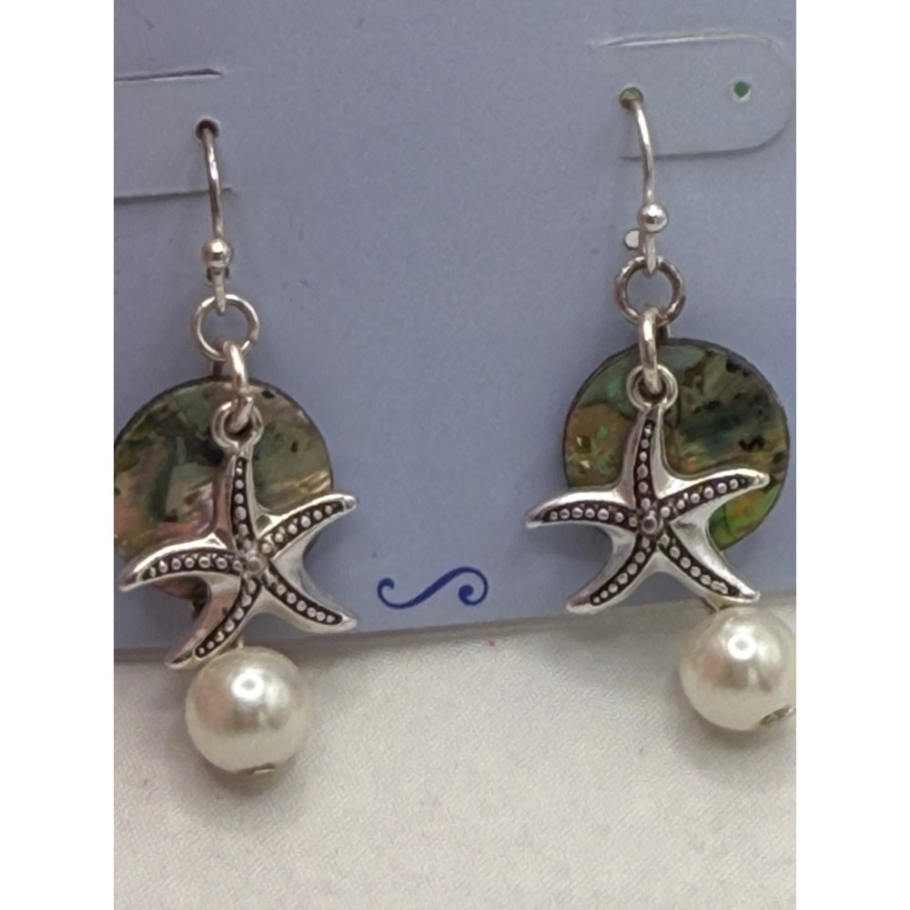 Periwinkle by Barlow Starfish Abalone Pearl Drop Earrings Silver Tone